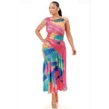 Plus Print Pleated Elastic Shirring Midi Dress