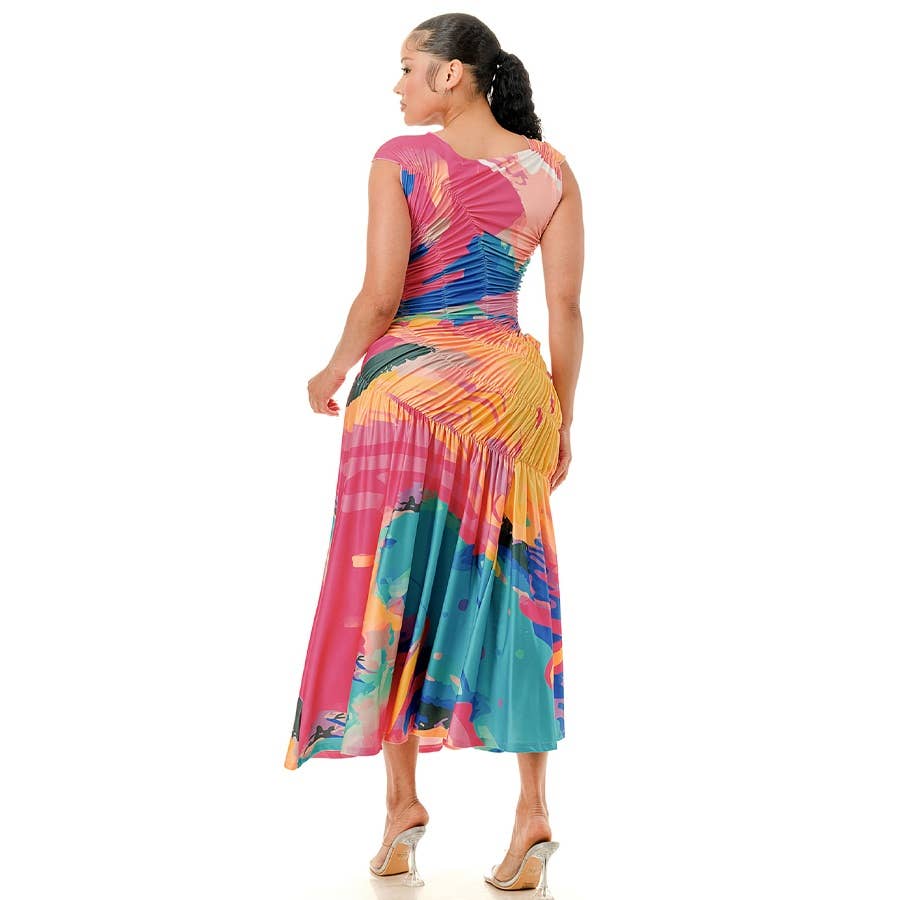 Plus Print Pleated Elastic Shirring Midi Dress