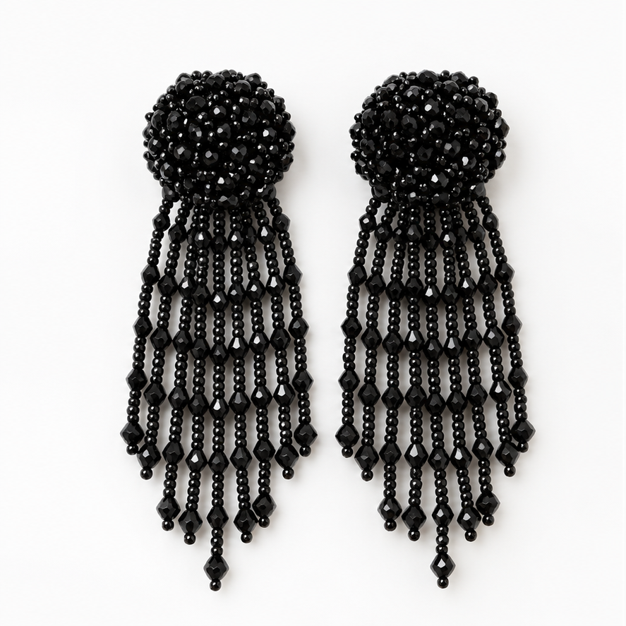 Midnight Glam Beaded Tassel Earrings