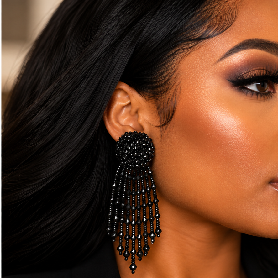 Midnight Glam Beaded Tassel Earrings