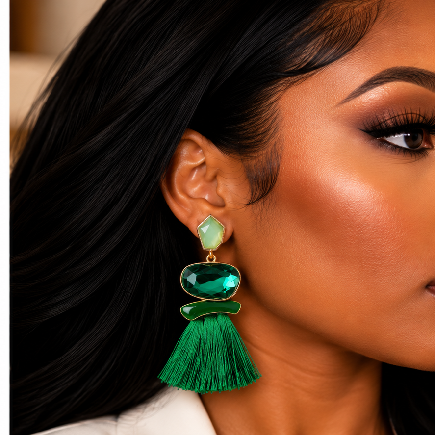 Emerald Elegance Tassel Earrings