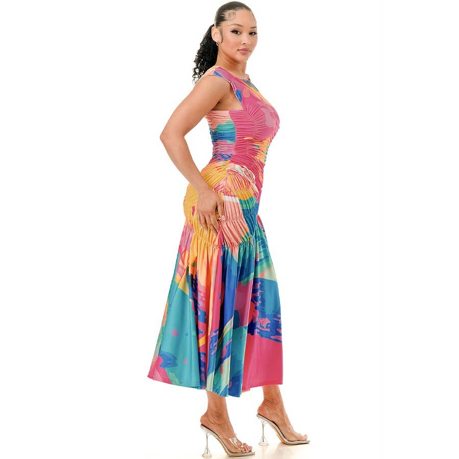 Plus Print Pleated Elastic Shirring Midi Dress